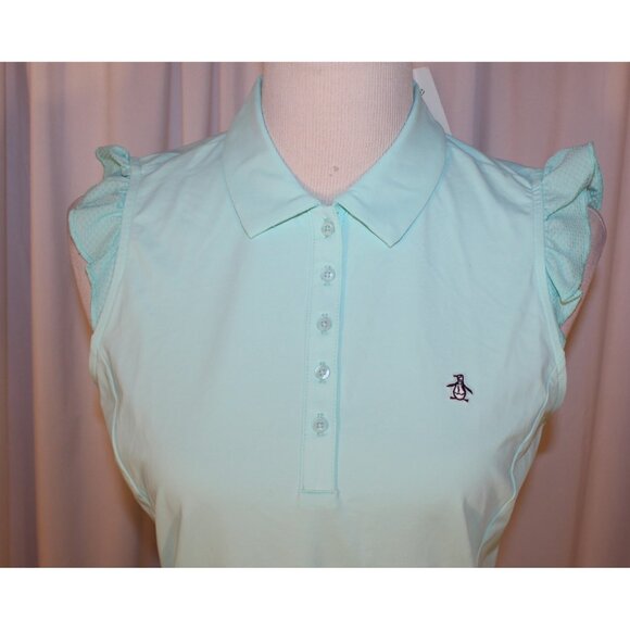 NEW Original Penguin Women's SMALL Ruffle Sleeveless Golf Polo Shirt MINT GREEN - Picture 2 of 4